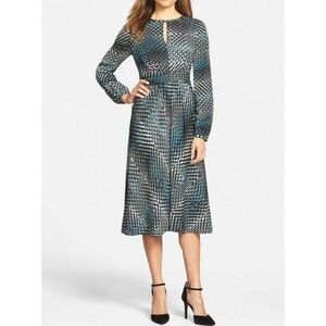 Classiques Entier Silk Grahic Print Keyhole Long Sleeve Midi Dress Size 12